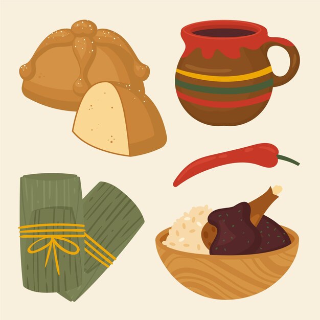 Colección comida plana dia de muertos dibujada a mano