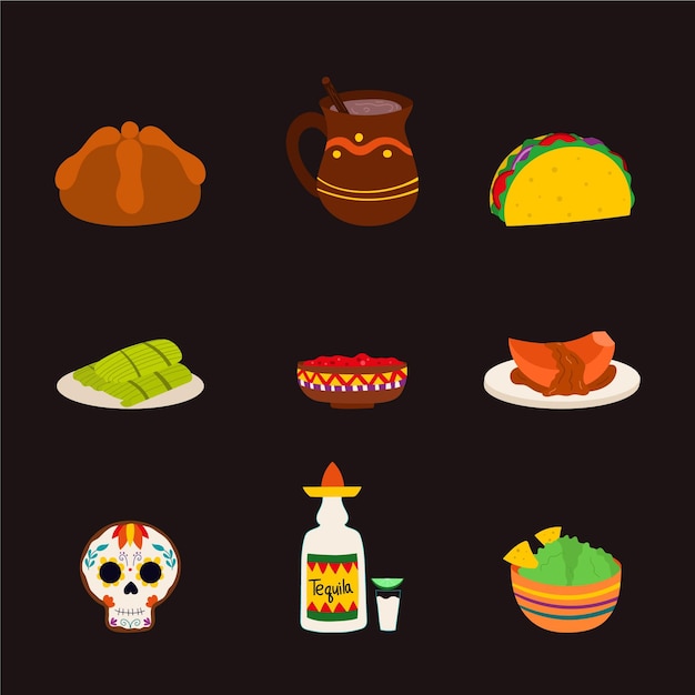 Colección comida plana dia de muertos dibujada a mano