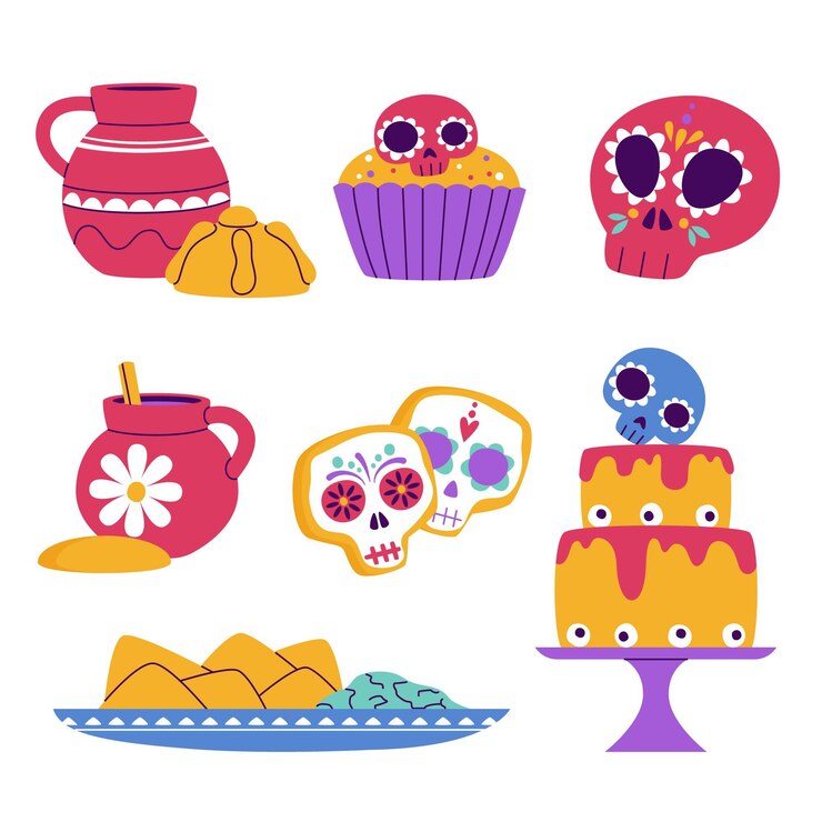 Vector gratuito colección comida plana dia de muertos dibujada a mano