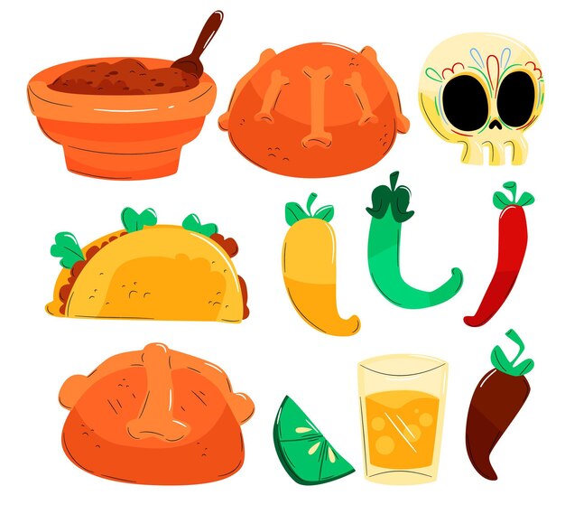 Colección comida plana dia de muertos dibujada a mano