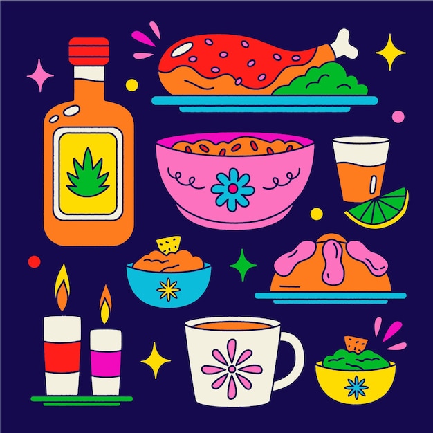 Colección comida plana dia de muertos dibujada a mano