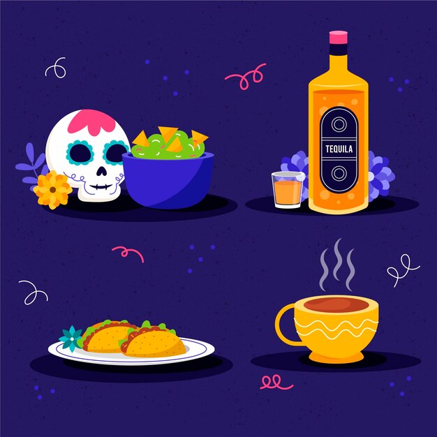 Colección comida plana dia de muertos dibujada a mano