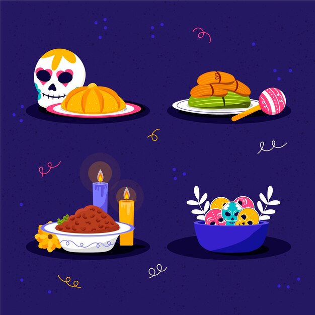 Colección comida plana dia de muertos dibujada a mano