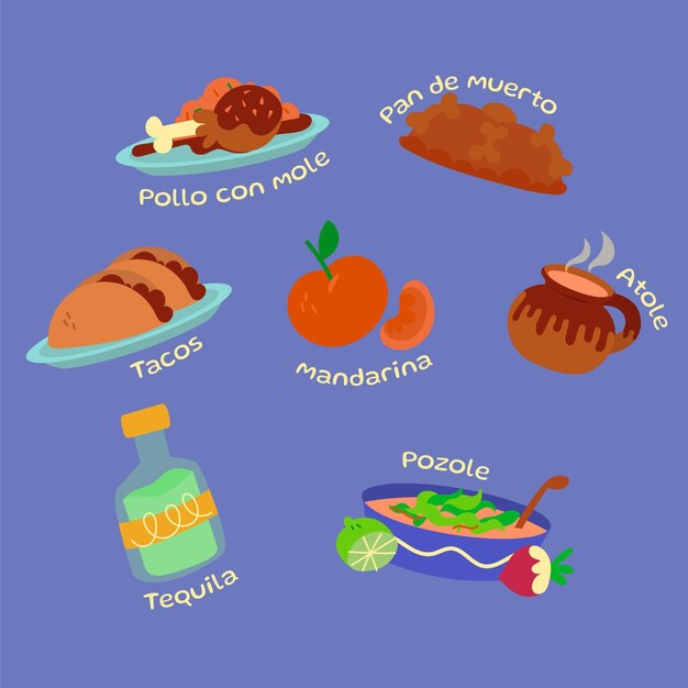 Colección comida plana dia de muertos dibujada a mano