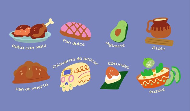 Colección comida plana dia de muertos dibujada a mano