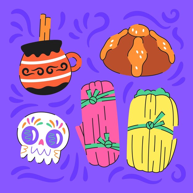 Colección comida plana dia de muertos dibujada a mano