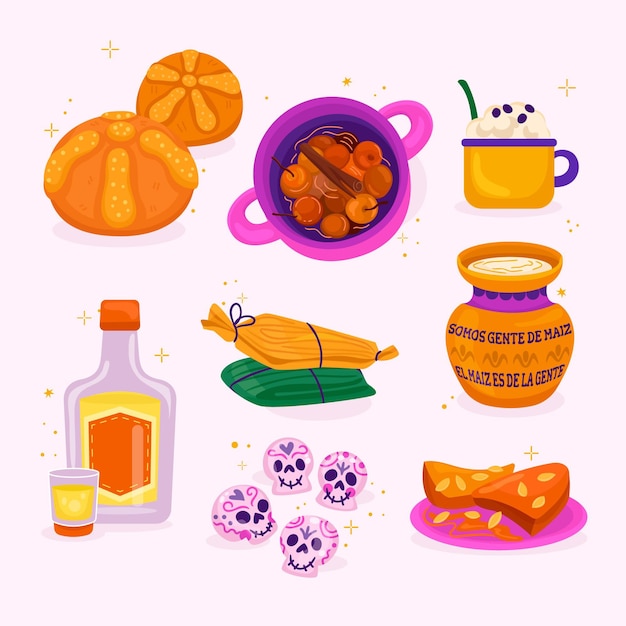 Colección comida plana dia de muertos dibujada a mano