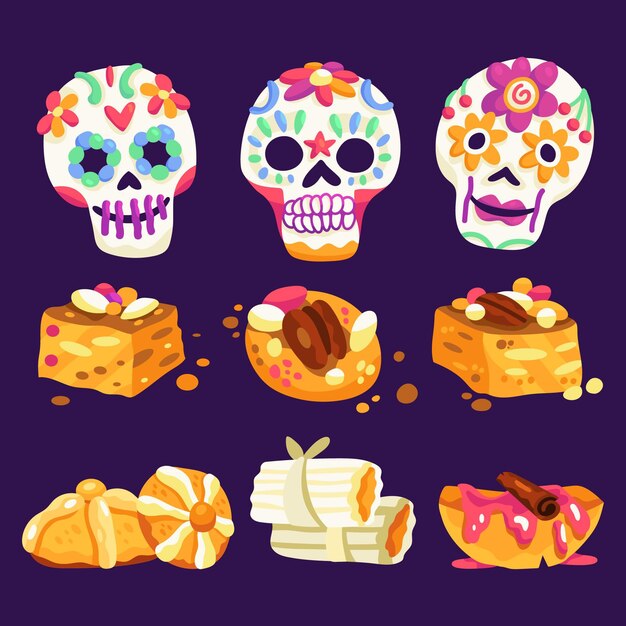 Colección comida plana dia de muertos dibujada a mano