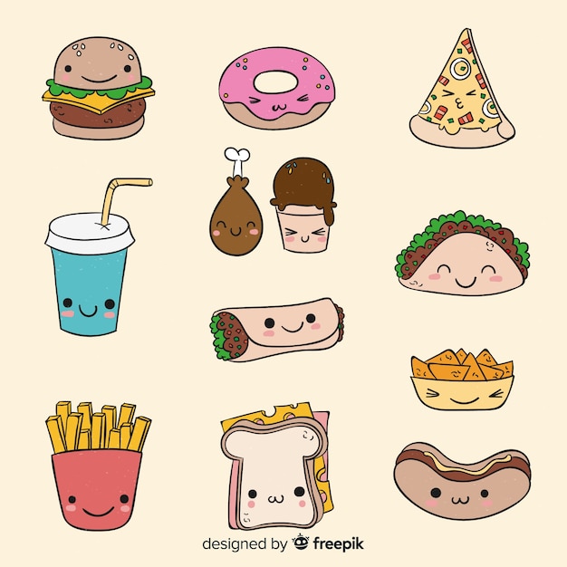 Vector gratuito colección comida rápida kawaii dibujada a mano