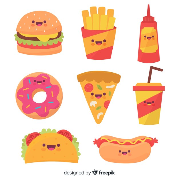 Colección comida rápida kawaii dibujada a mano