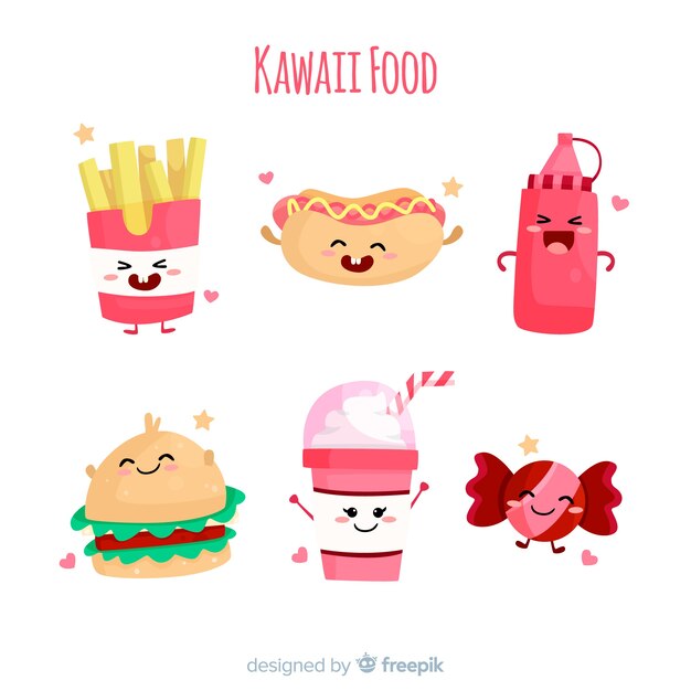 Colección comida rápida kawaii sonriente dibujado a mano