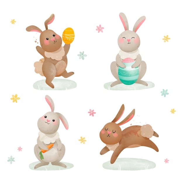 Colección de conejitos de pascua en acuarela