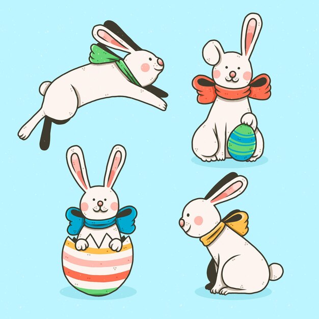 Colección de conejitos de Pascua dibujados a mano