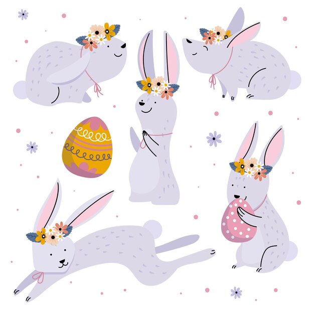 Colección de conejitos de Pascua dibujados a mano