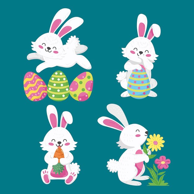 Colección de conejitos de Pascua dibujados a mano