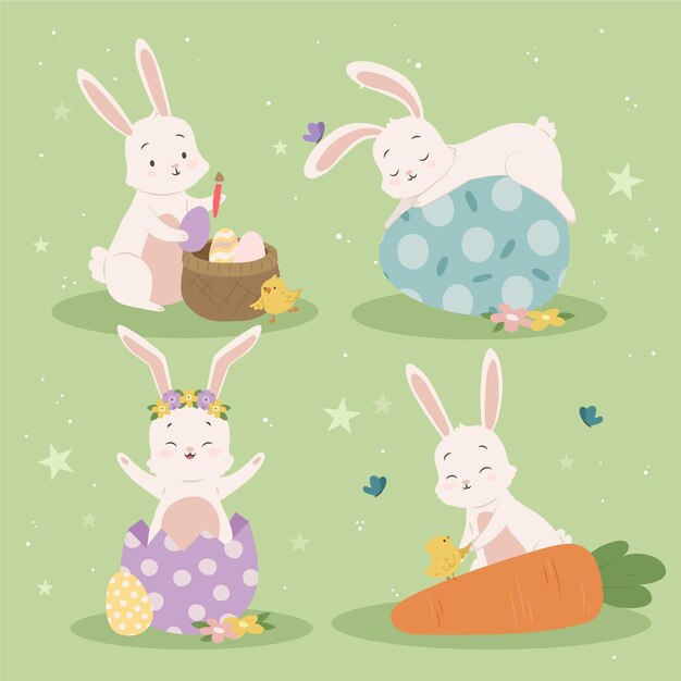 Colección de conejitos de Pascua dibujados a mano