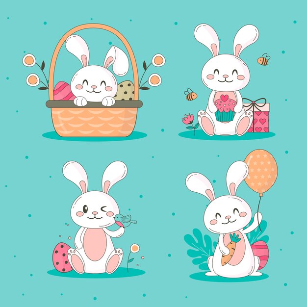Colección de conejitos de pascua dibujados a mano