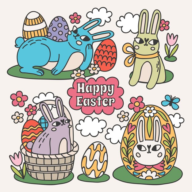 Colección de conejitos de pascua dibujados a mano