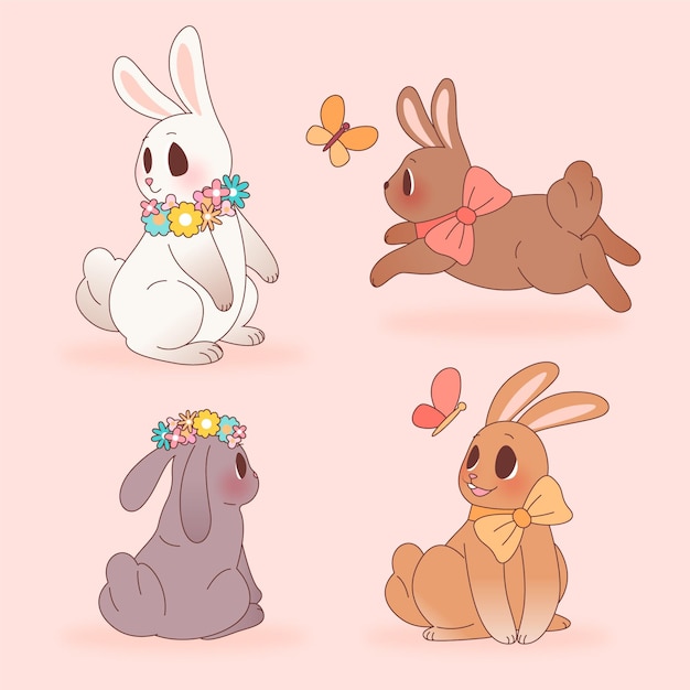 Colección de conejitos de Pascua dibujados a mano