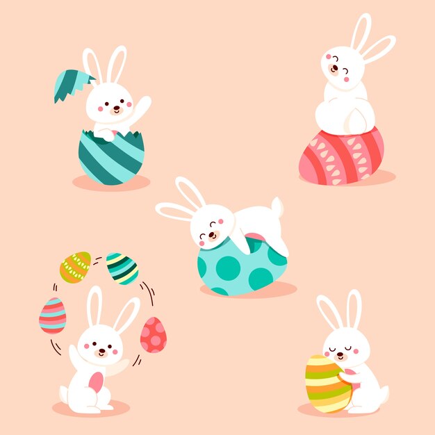 Colección de conejitos de pascua planos dibujados a mano