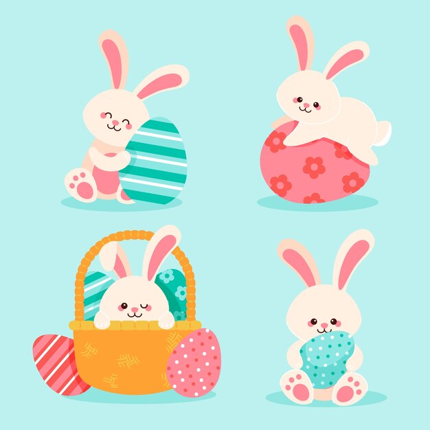 Colección de conejitos de pascua planos dibujados a mano