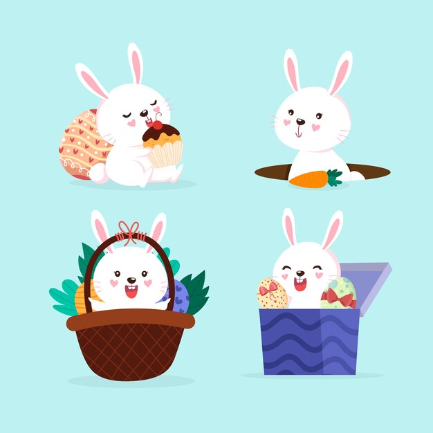 Colección de conejitos de pascua planos dibujados a mano