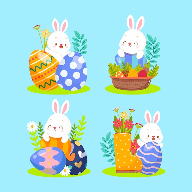 Colección de conejitos de pascua planos