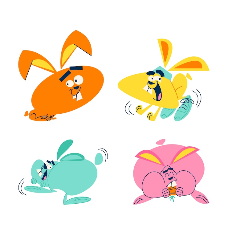Vector gratuito colección de conejo enojado y lindo de dibujos animados retro