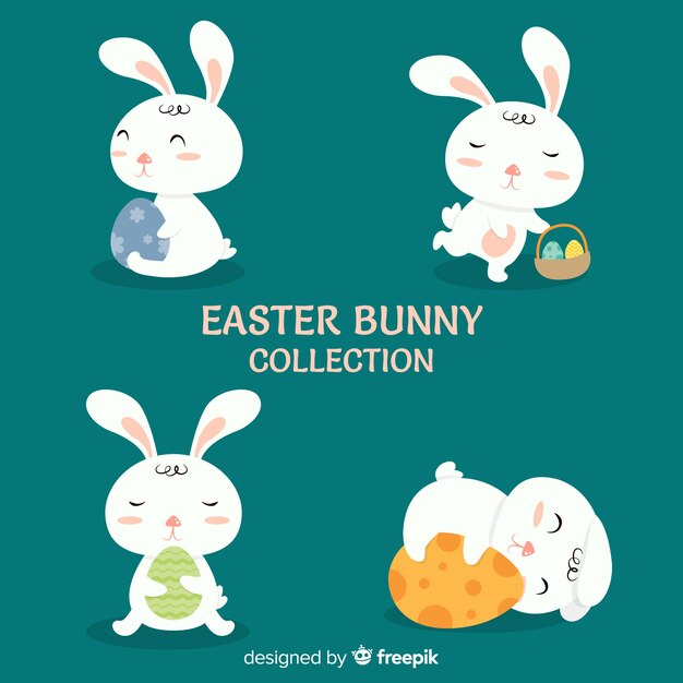 Colección conejos de pascua dibujados a mano con huevos