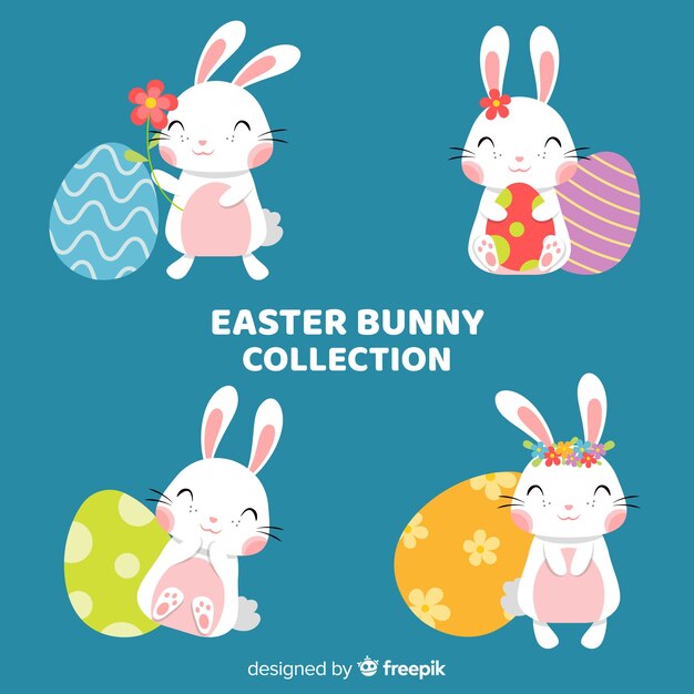 Colección conejos de pascua dibujados a mano con huevos