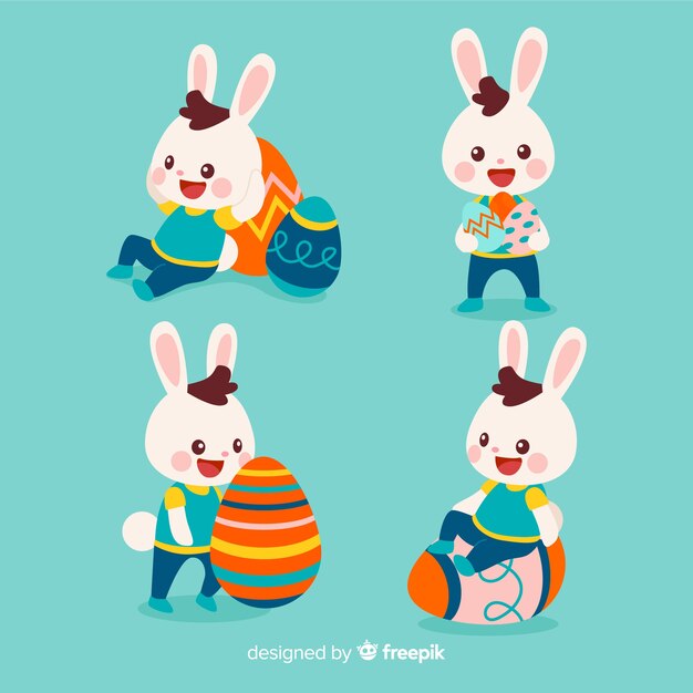 Colección conejos de pascua dibujados a mano con huevos