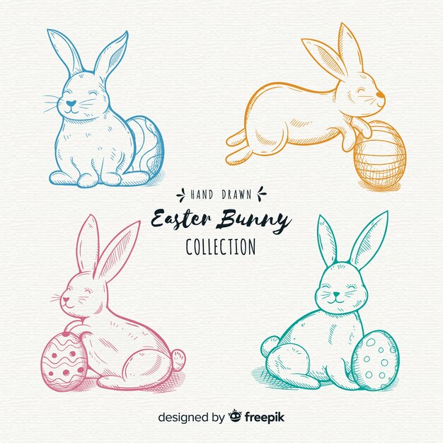 Colección de conejos de pascua dibujados a mano