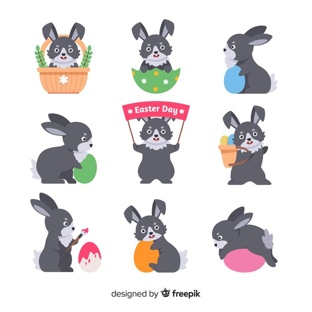 Colección de conejos de pascua en diseño plano