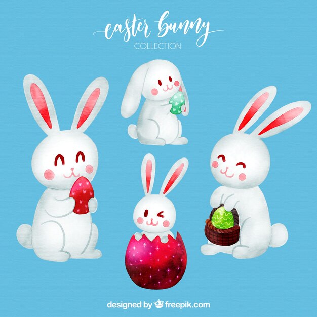 Colección de conejos de pascua en estilo acuarela