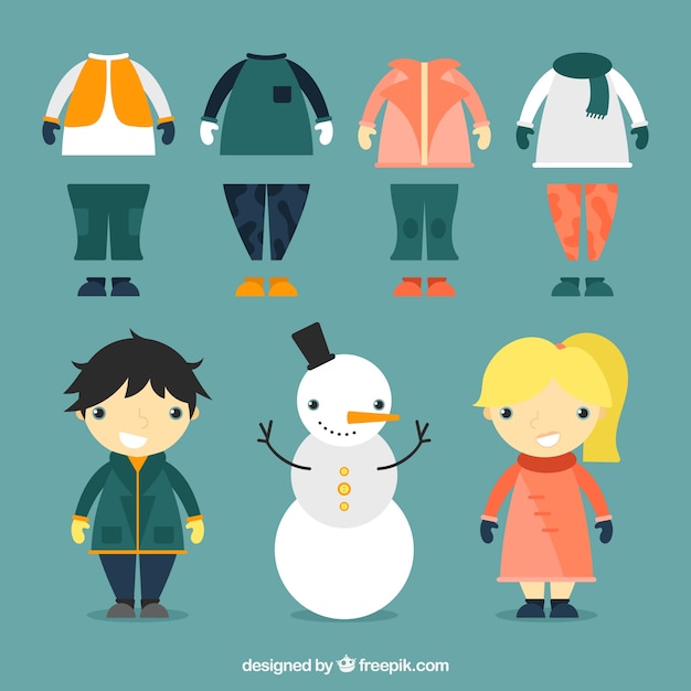 Vector gratuito colección de conjuntos de invierno con niños adorables y muñeco de nieve