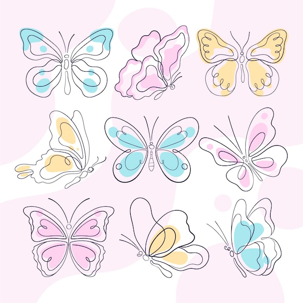 Vector gratuito colección de contornos de mariposas dibujadas a mano