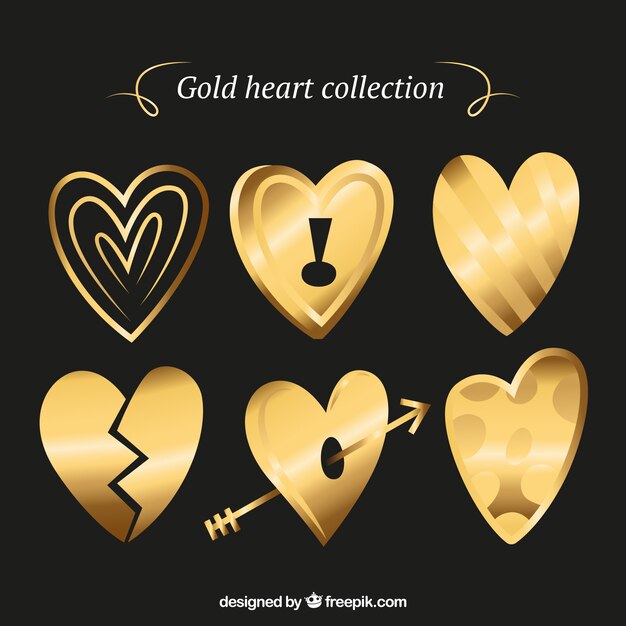 Colección de corazones dorados dibujados a mano