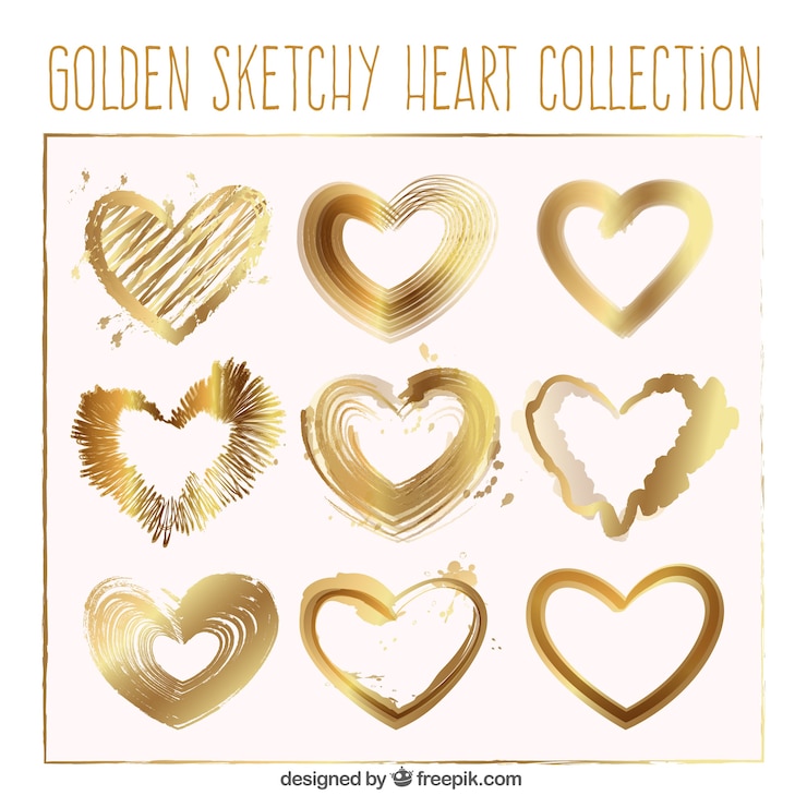 Vector gratuito colección de corazones esbozados dorados
