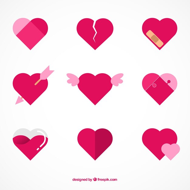 Colección de corazones planos con detalles 