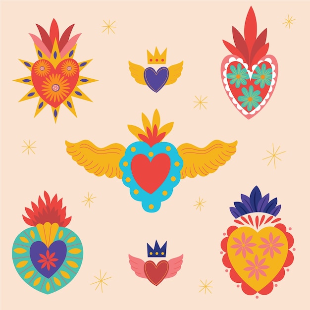 Colección corazones planos dibujados a mano cultura mexicana
