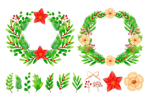 Colección de corona y flores navideñas en acuarela