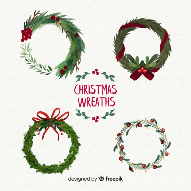 Colección de coronas  decorativas navideñas con hojas y flores en acuarela