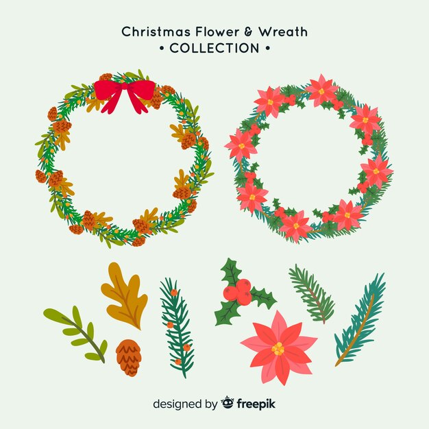 Colección de coronas  decorativas navideñas con hojas y flores dibujadas a mano