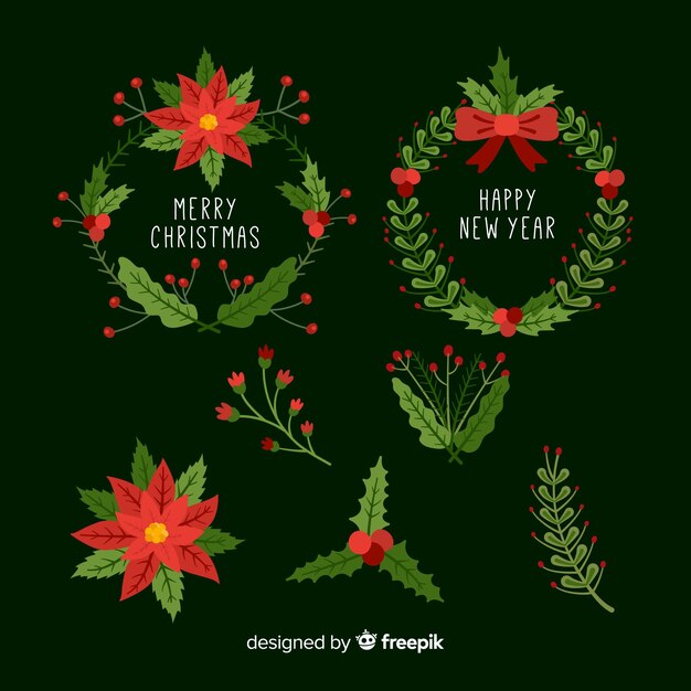 Colección de coronas  decorativas navideñas con hojas y flores