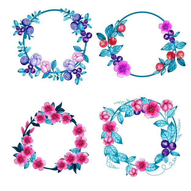 Colección de coronas florales de acuarela pintadas a mano