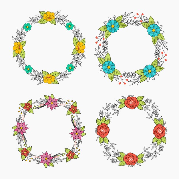 Colección coronas florales dibujadas a mano