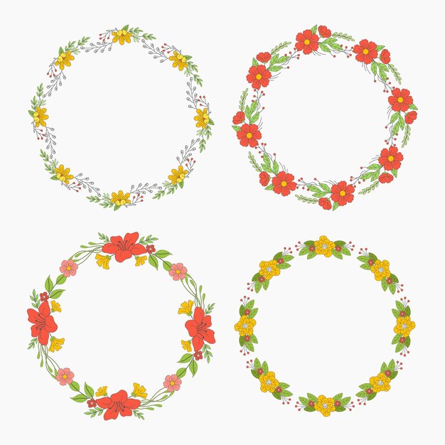 Colección coronas florales dibujadas a mano