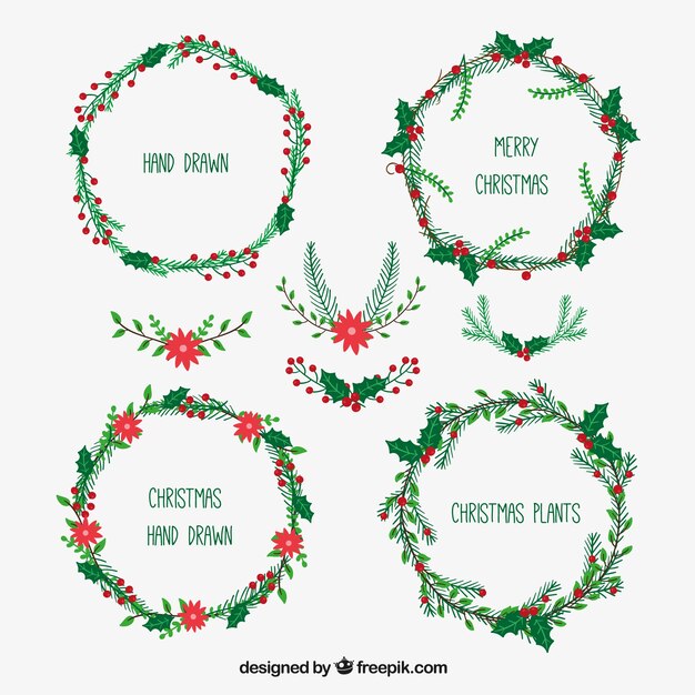 Colección de coronas navideñas dibujadas a mano