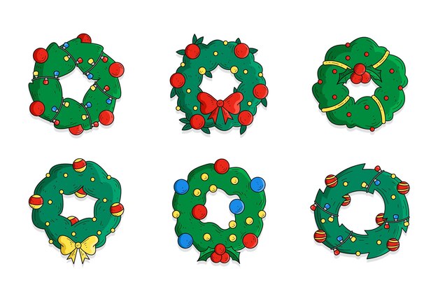 Colección coronas navideñas dibujadas a mano