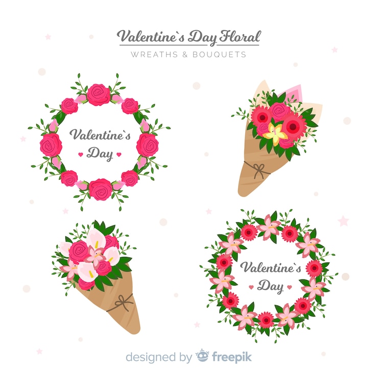 Vector gratuito colección de coronas y ramos floreles para el día de san valentin